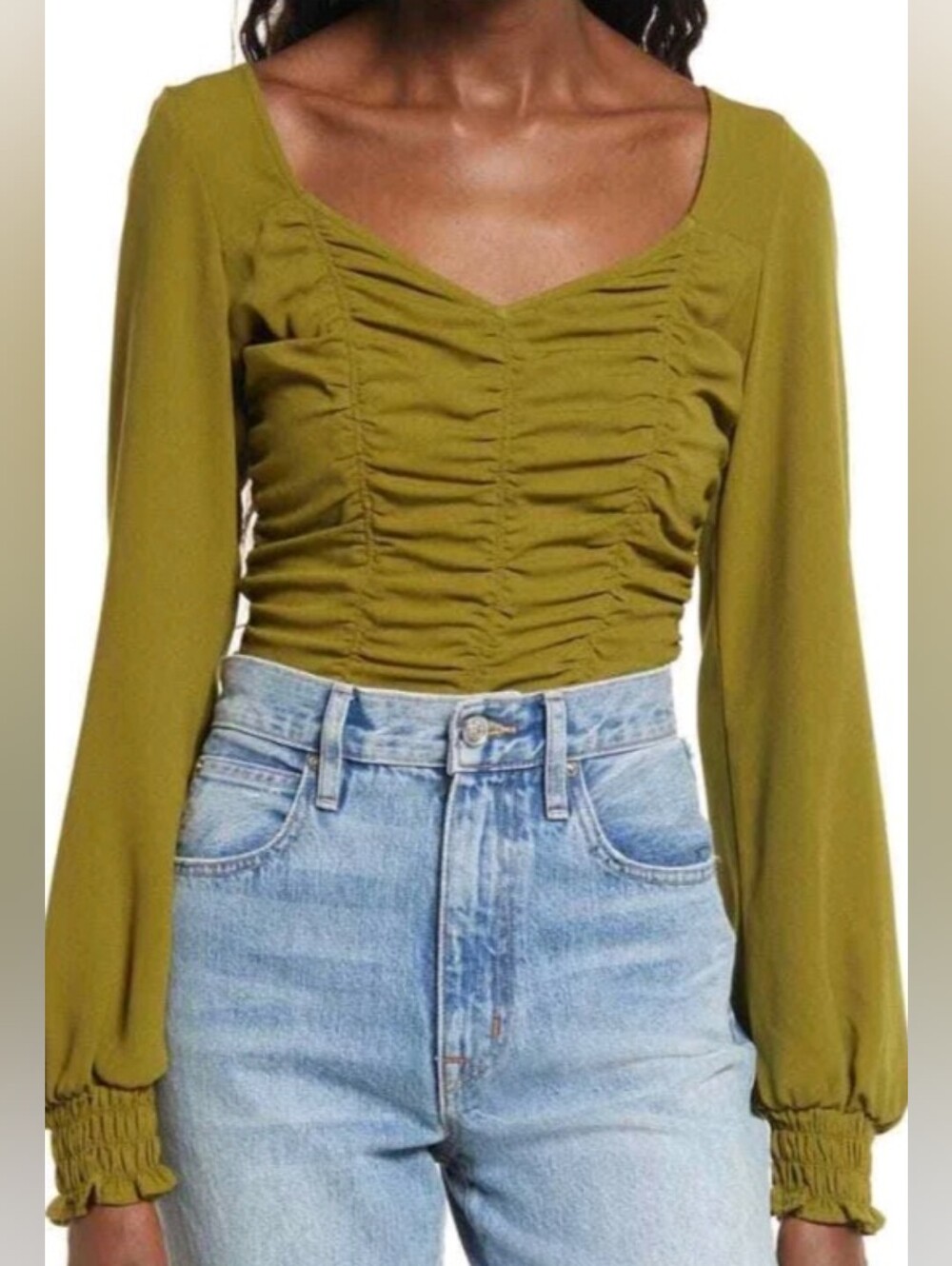 Open Edit women's Ruched Crop Top Olive green Size large party